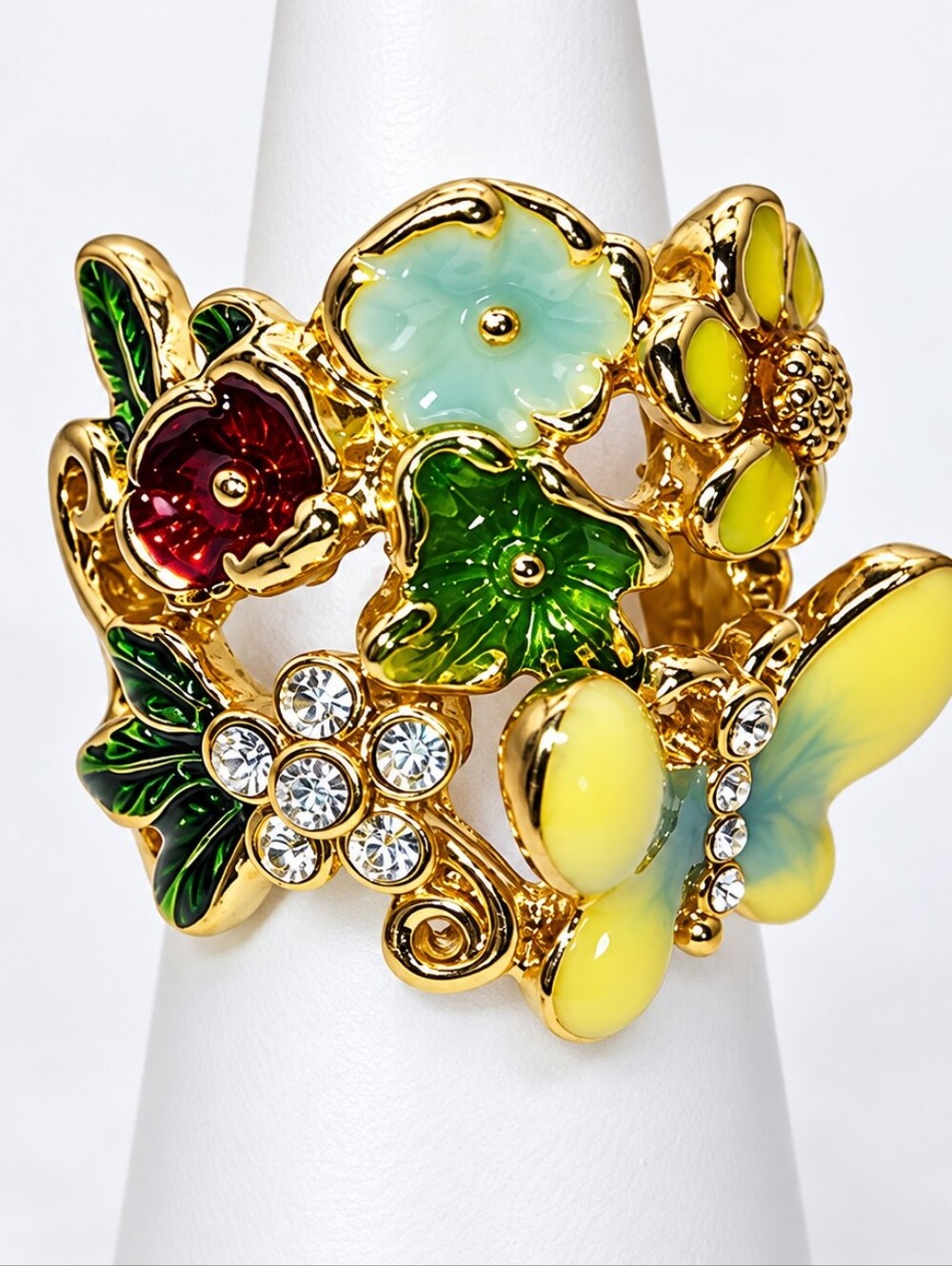 🌸 Gold Tone Enamel Floral & Butterfly Statement Ring  Size 5